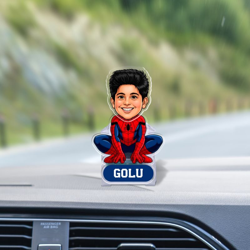 Personalized Spiderman Theme Bobblehead Caricature with Shaking Head for Car Dashboard & Tabletop Decor Custom with Funny Face & Name Birthday Return Gift